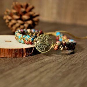 Natural African Stone Bead Bracelet & Bangle with Tree of Life Braided Charm